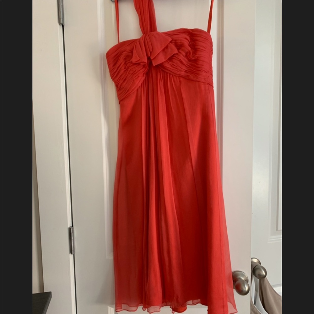 Amsale coral crinkle silk chiffon dress!